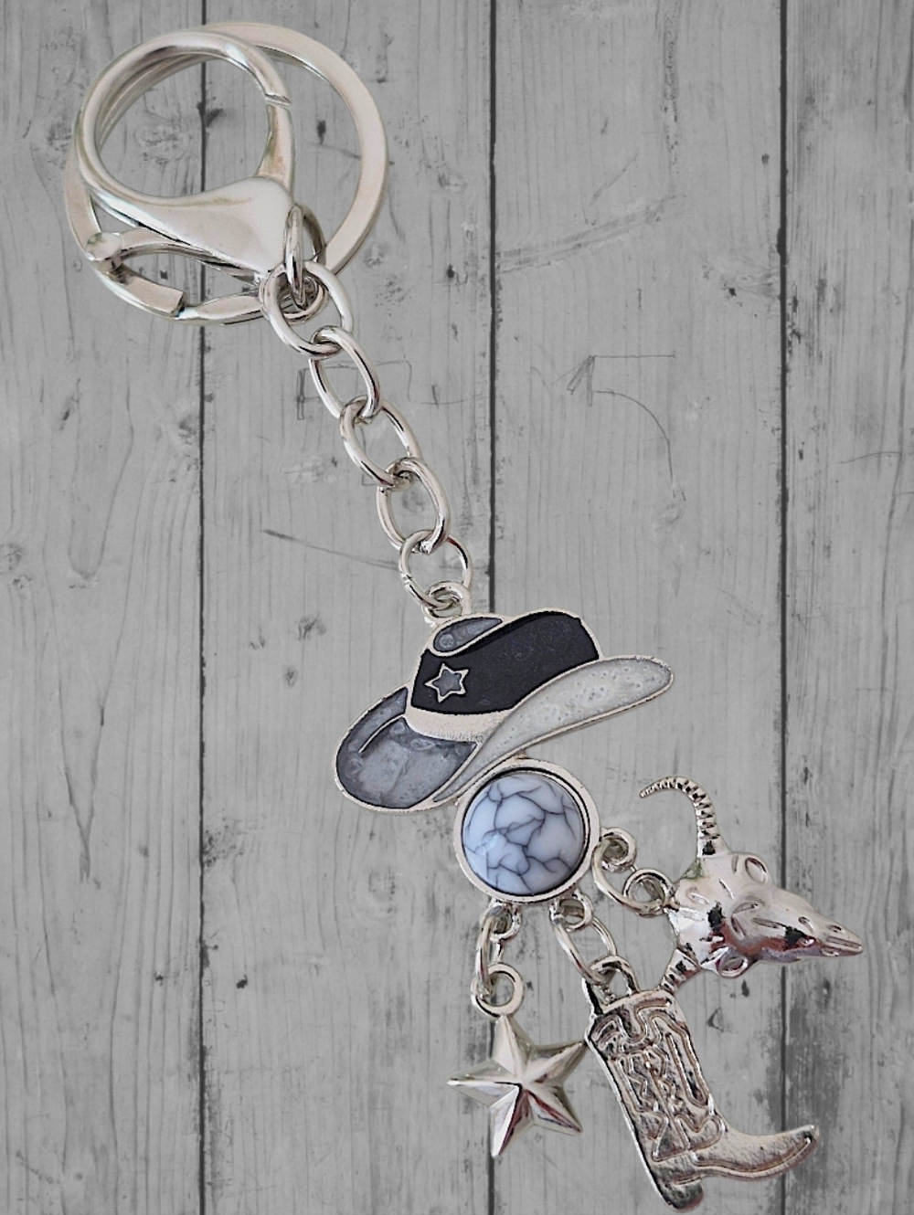 Western Charm Keychain with Black Hat and Stone Accent